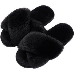 Women's Black Fuzzy Cross Band Memory Foam Open-Toe House Slippers